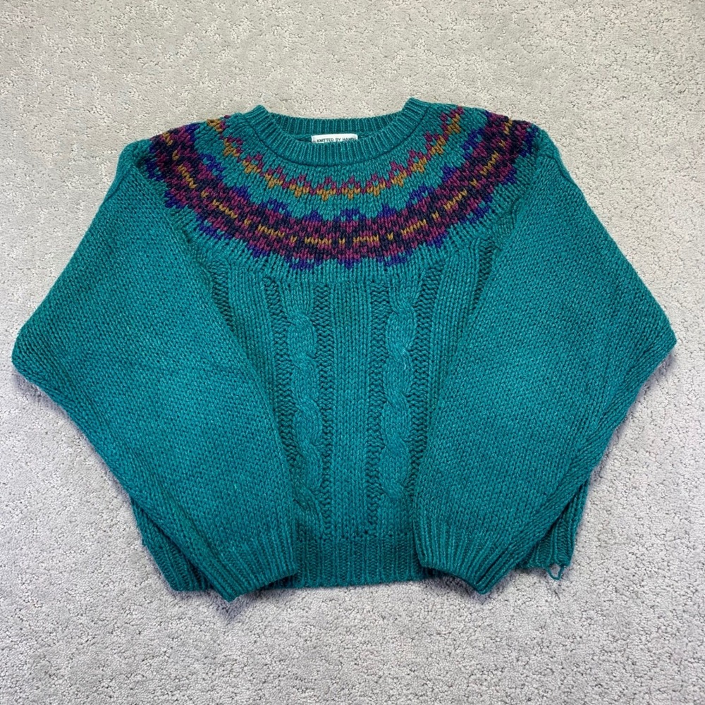 Vintage‎ Currants Sweater Womens Small? Teal Fair Isle Cable Hand Knitted Granny